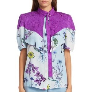 Stella McCartney Roxanne Mixed Media Silk Blouse Size 2 NWT Multi Blue